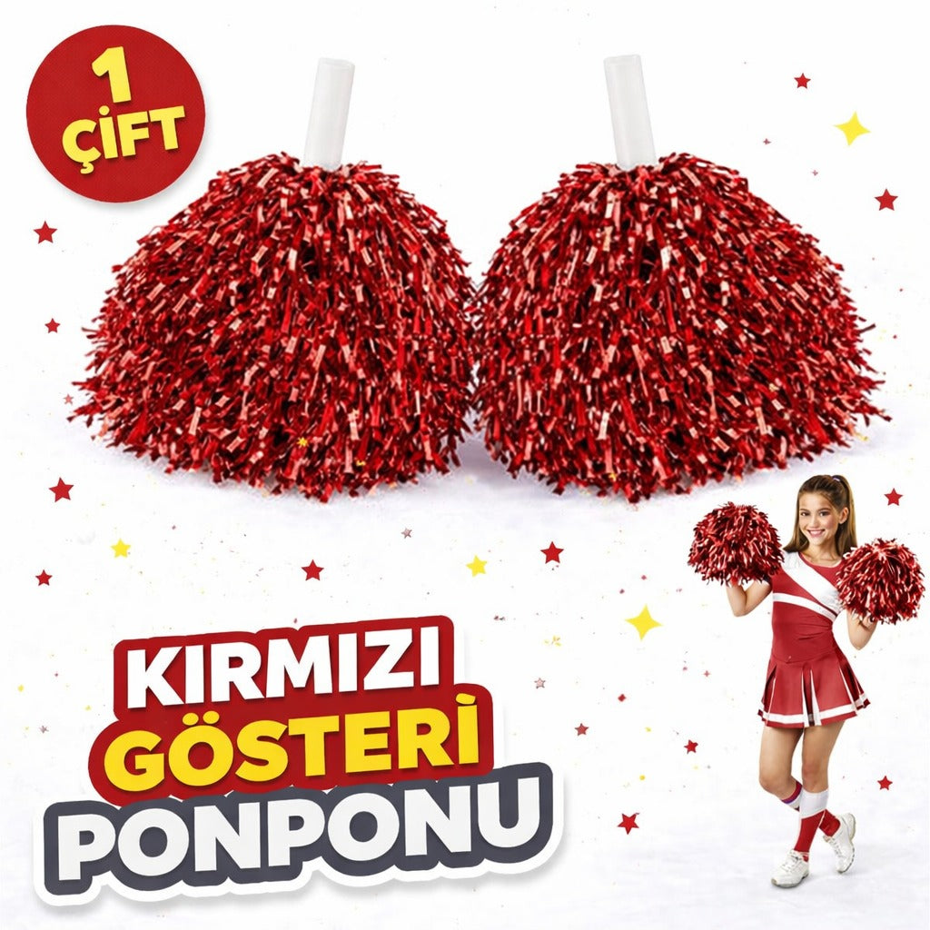 1 Çift ( 2 Adet ) Kırmızı Renk 23 Nisan 19 Mayıs 29 Ekim Okul Gösteri Ponponları Ekstra Dolgun (5347)