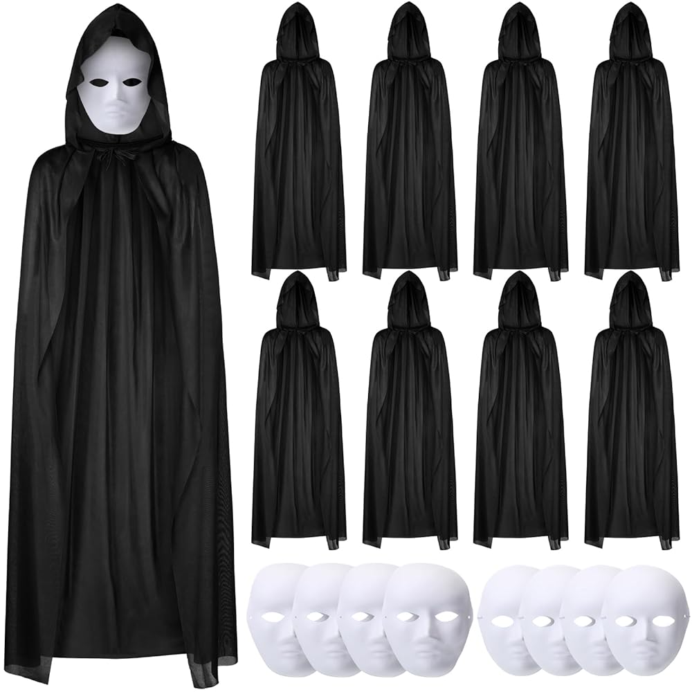 120 cm Black Hooded Cape and Paintable Cardboard Mask Set of 8 (5347)