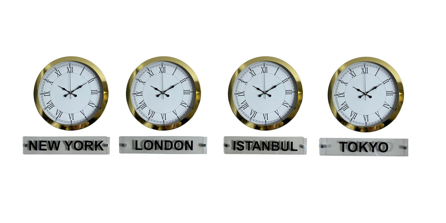 Gold Prestige 4 lü 36 Cm Metal Tabelalı Dünya Saat Seti