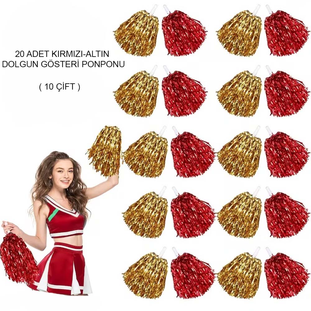 Red - Gold Metallic Full Show Pom Poms 20 Pcs (10 Pairs)