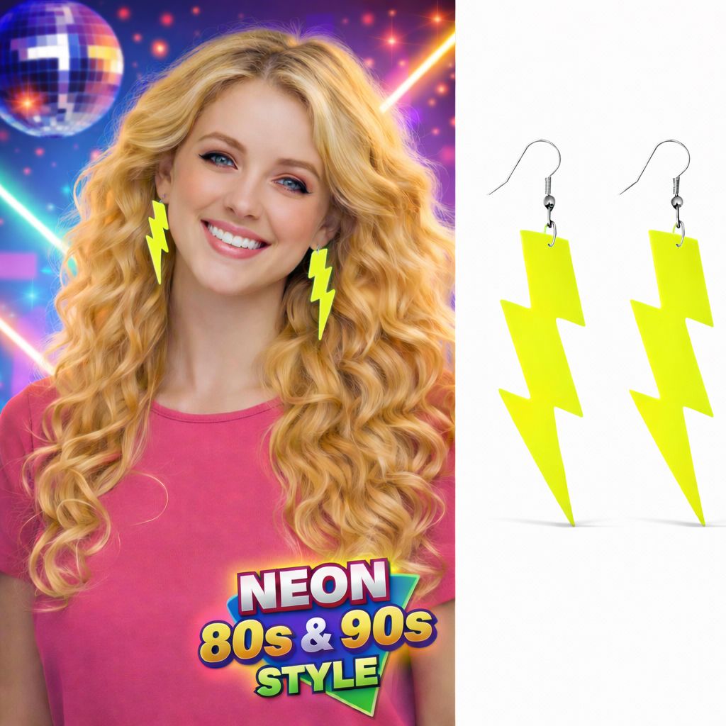 80s 90s Retro Neon Yellow Lightning Bolt Earrings 10 cm