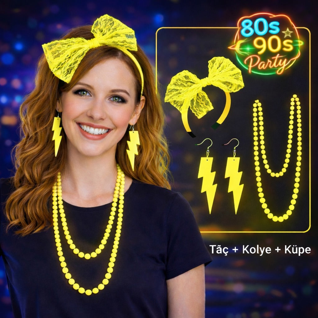 80 ler 90 lar Neon Sarı Parti Seti - Kolye Küpe Taç