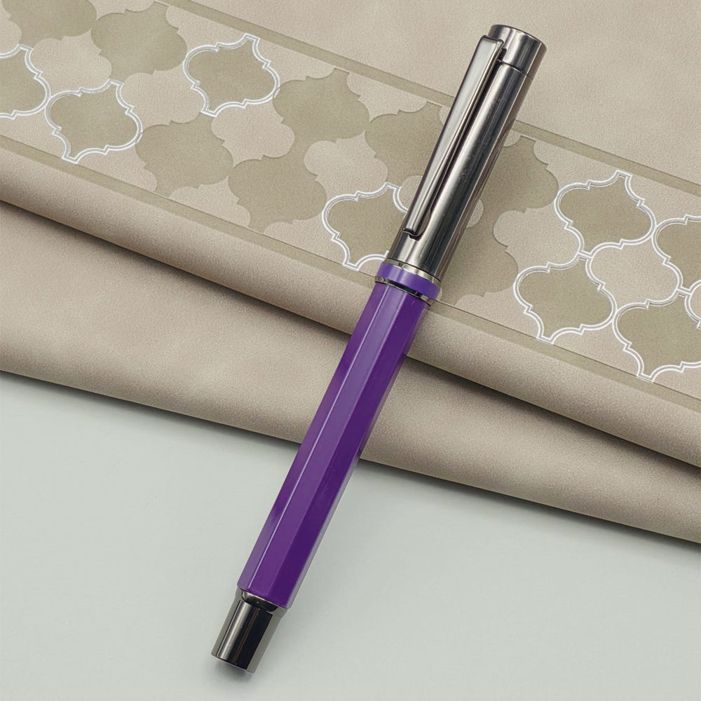 Purple Leather Notebook with Leaf Pattern and Metal Roller Pen Set