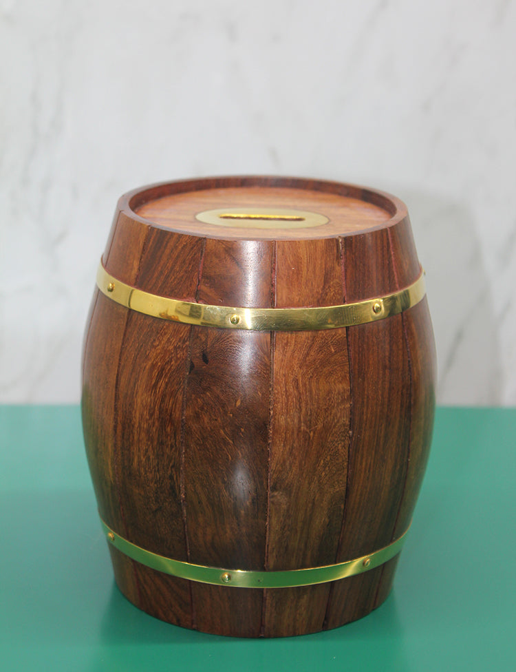 Brass Wood Barrel Piggy Bank