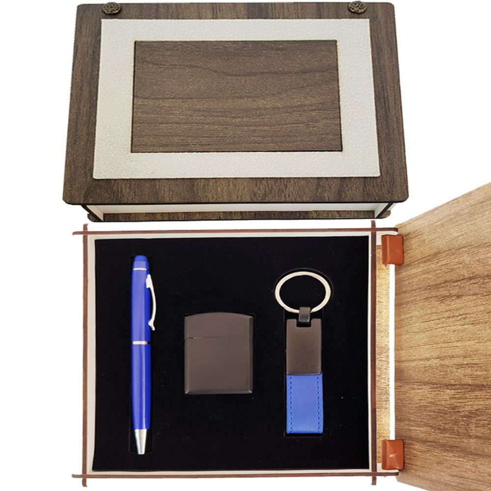 Navy Blue Pen, Keychain, and Lighter Set with Special Wooden Box