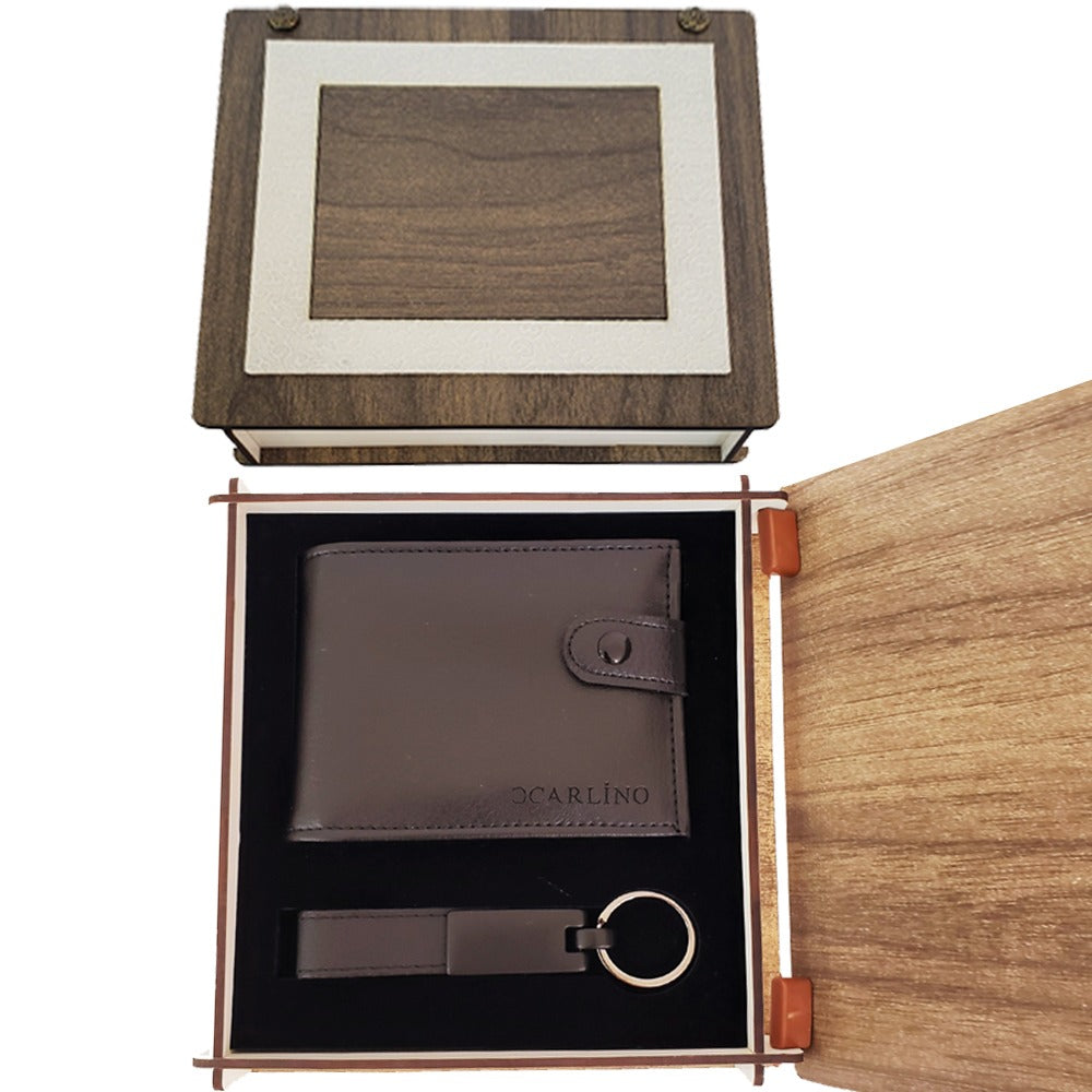 Leather Wallet and Keychain Set in Wooden Box