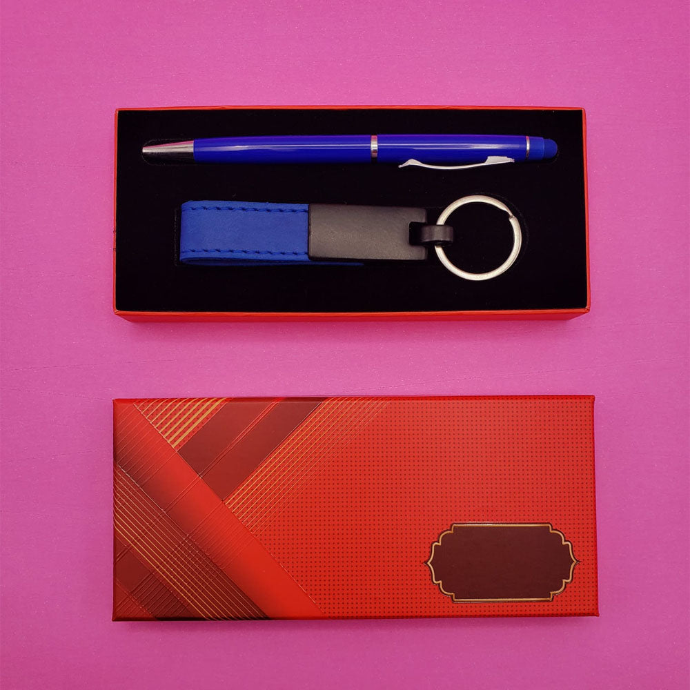 Navy Blue Keychain and Pen Set with Red Box