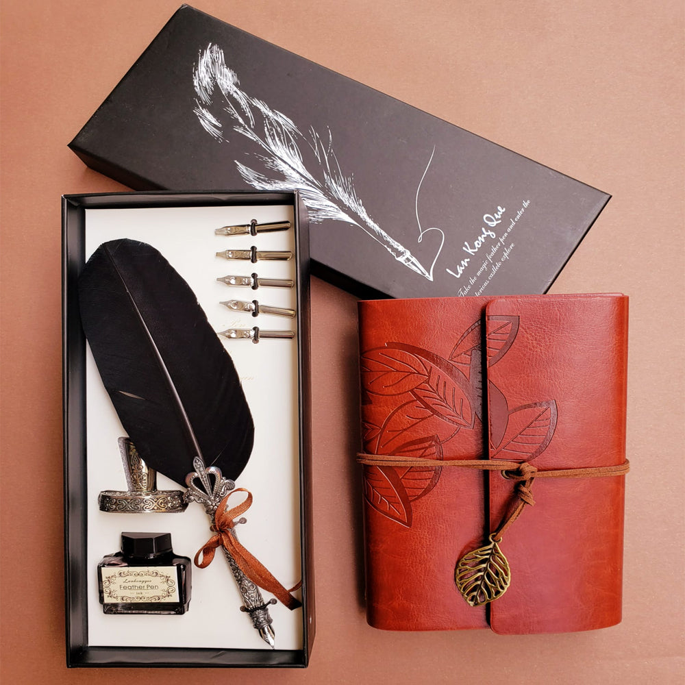 Red Leather Journal and Feather Pen Gift Set