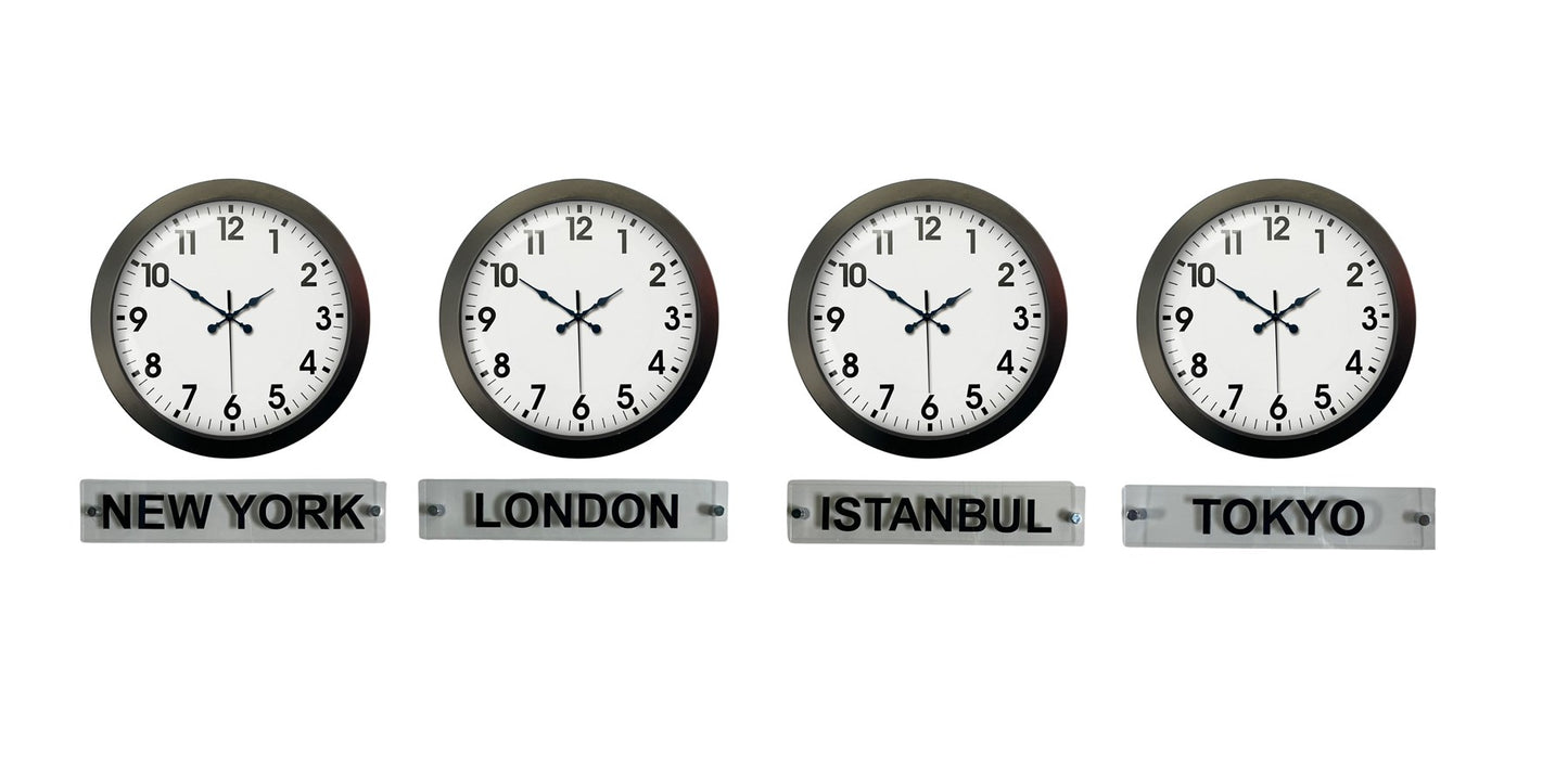 Siyah Prestij 36 Cm Metal Tabelalı Dünya Saatleri - 4 lü Siyah Set