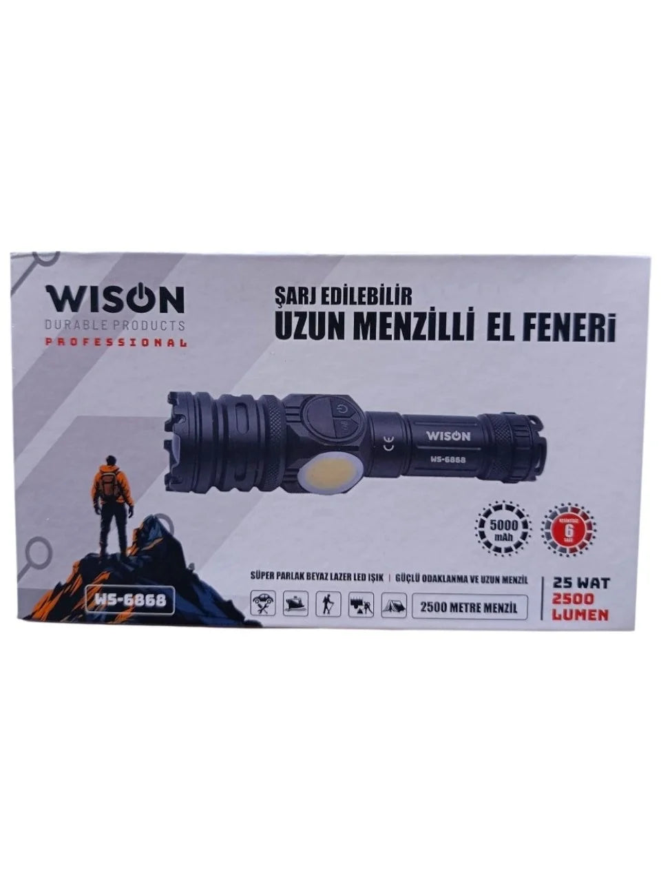 2500 lümen 25 wat 5000 mah Pil Şarj Edilebilir Uzun Menzilli El Feneri WS-6868 (5347)