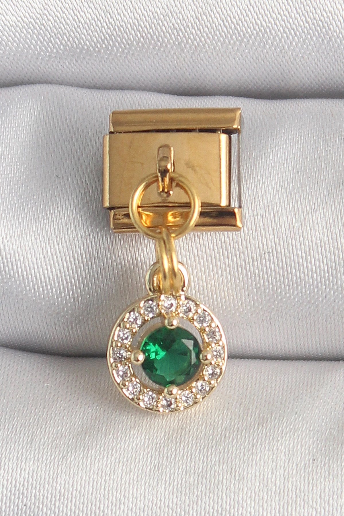Mey İthalat® 316L Çelik Gold Renk Sallantı Yeşil Zirkon Taşlı Nomination Charm