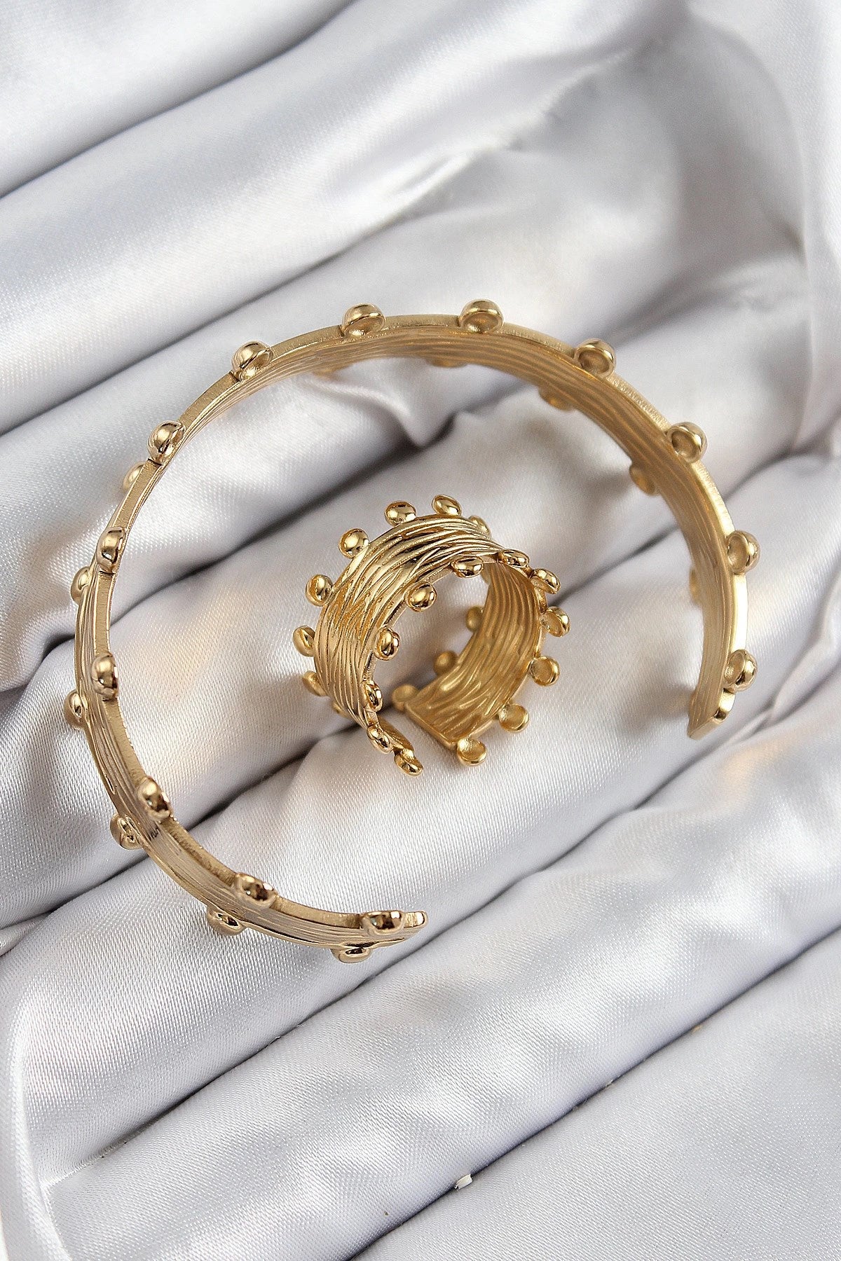 Mey İthalat® Pirinç Topcuk Model Gold Renk Bileklik Yüzük Set