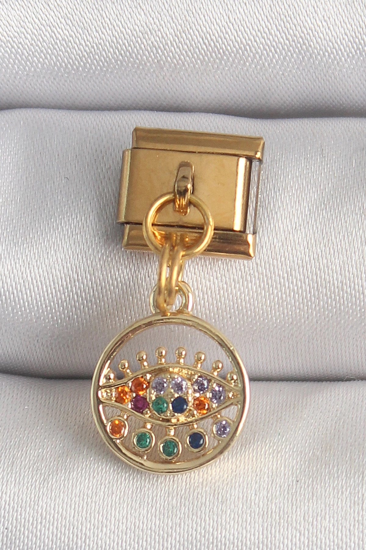 Mey İthalat® 316L Çelik Gold Renk Sallantı Renkli Zirkon Taşlı Göz Model Nomination Charm