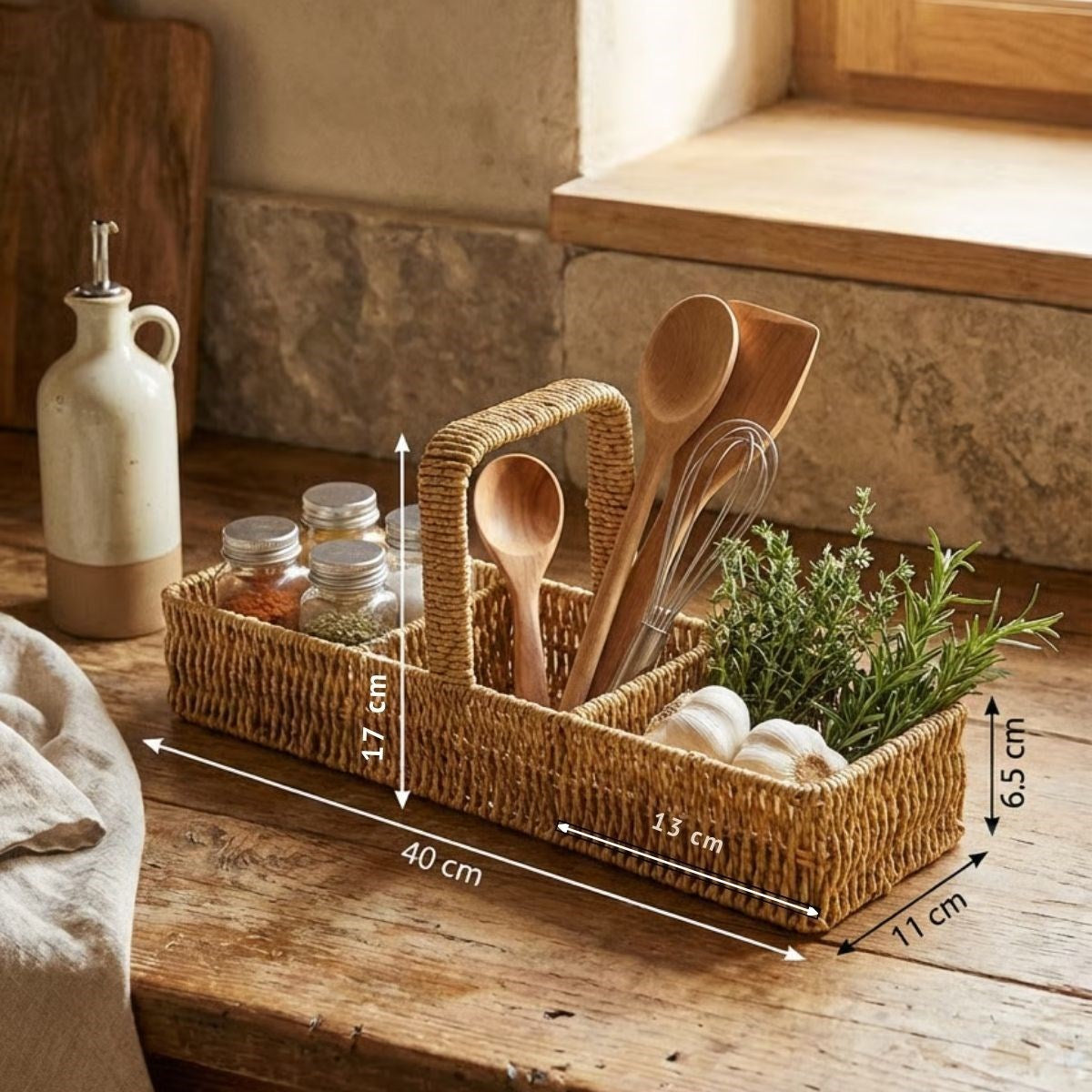 3 Bölmeli Plastik Rattan Düzenleyici-Saplı Masaüstü Organizer, Mutfak Kaşık Çatal Sepeti, Banyo & Ofis Çok Amaçlı Sunum Standı (5347)