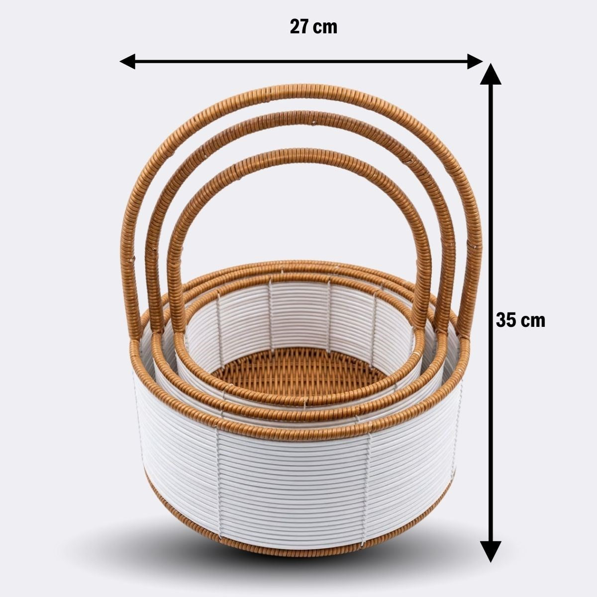 3 Boy İç İçe Geçebilen Plastik Rattan Sepetler-Beyaz Renkli,Kahverengi Saplı, Çok Amaçlı Düzenleyici ve Sunum Sepeti Seti (5347)