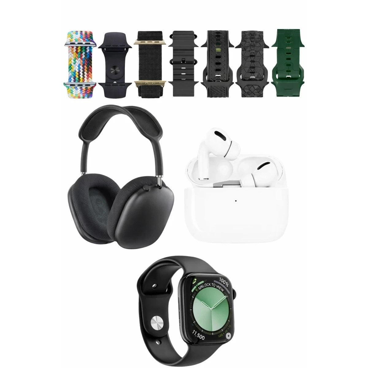 Mey İthalat® K32 Kombo 7 Adet Kordon Akıllı Saat Airpods Kulaklık Kafa Üstü Kablosuz Kulaklık Set - Siyah