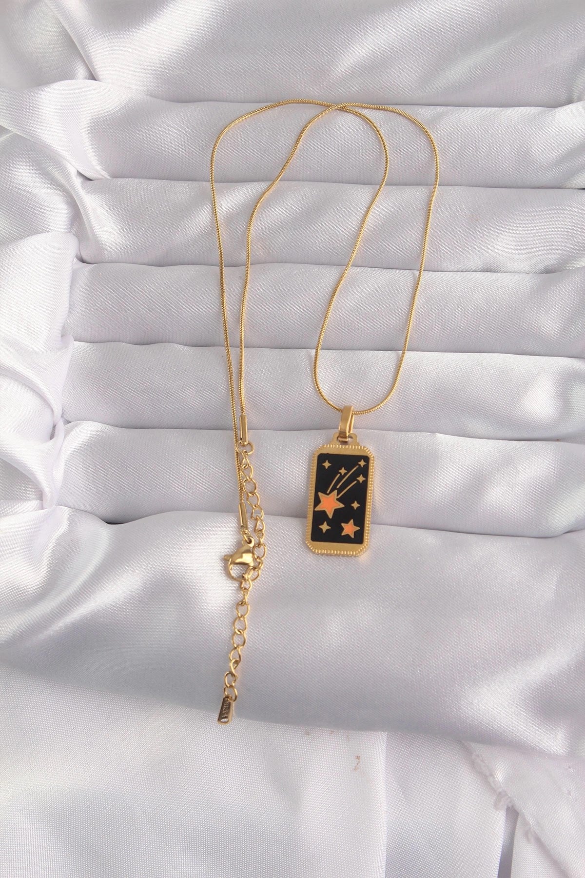 Mey İthalat® 316L Çelik Gold Renk Siyah Mineli Yıldız Figür Tarot Kolye