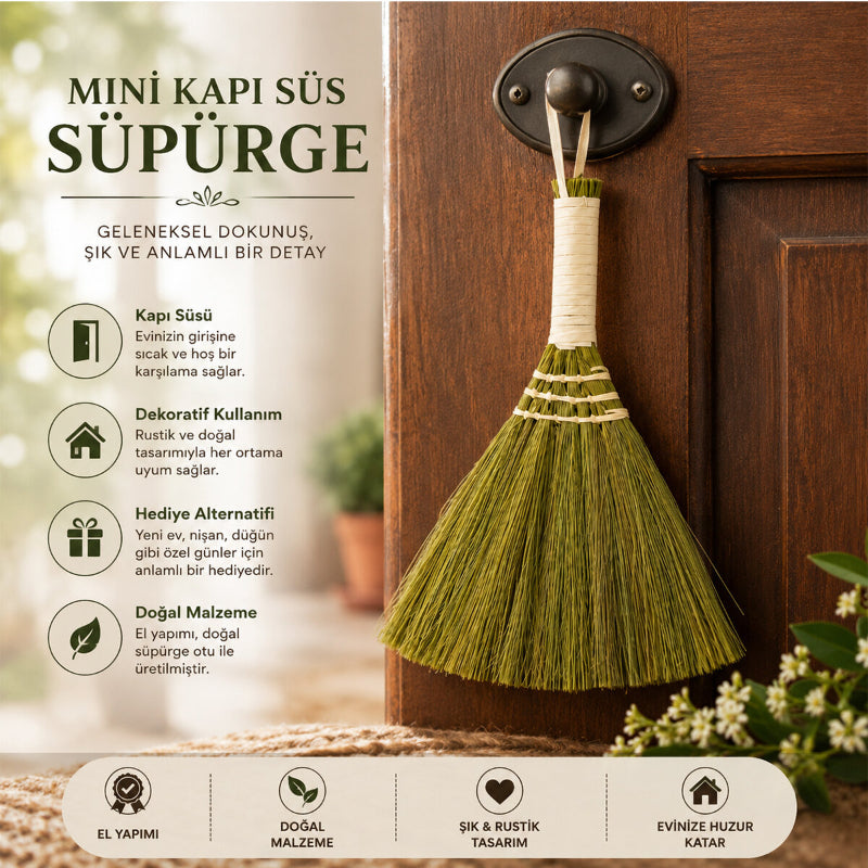 Mini Süpürge Tasarımlı Kapı Süsü - Hasır Saplı - El Yapımı Rustik Dekor