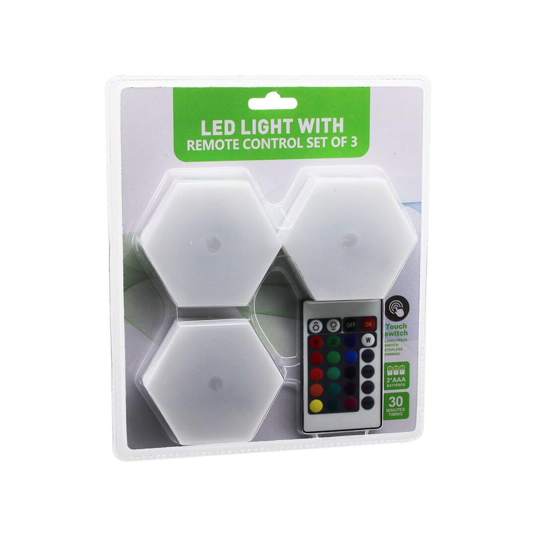 3PCS - HEXAGON - RGB REMOTE CONTROLLED - BATTERY POWERED - TOUCH LAMP SET 6 LED (5347)