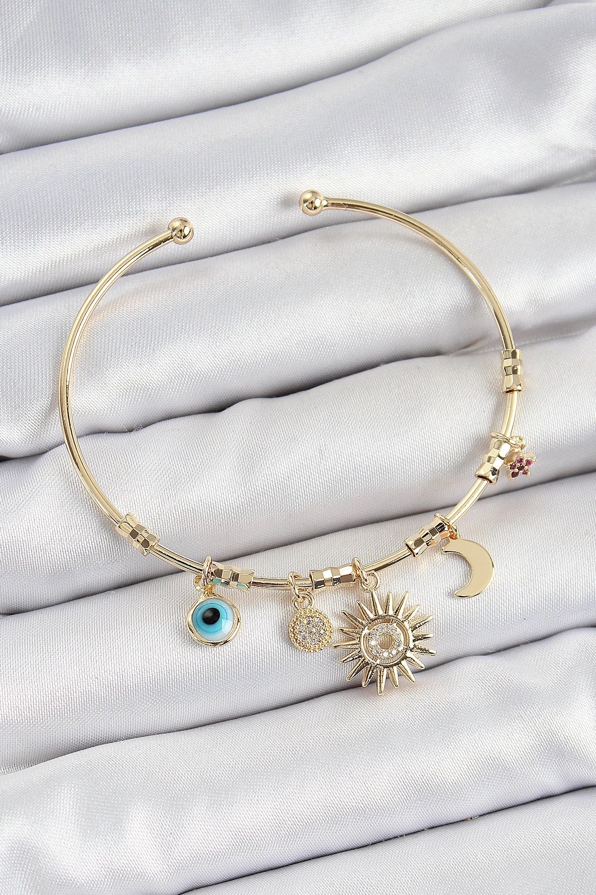 Mey İthalat® Pirinç Zirkon Taşlı Güneş Ay Nazar Model Gold Renk Charm Bileklik