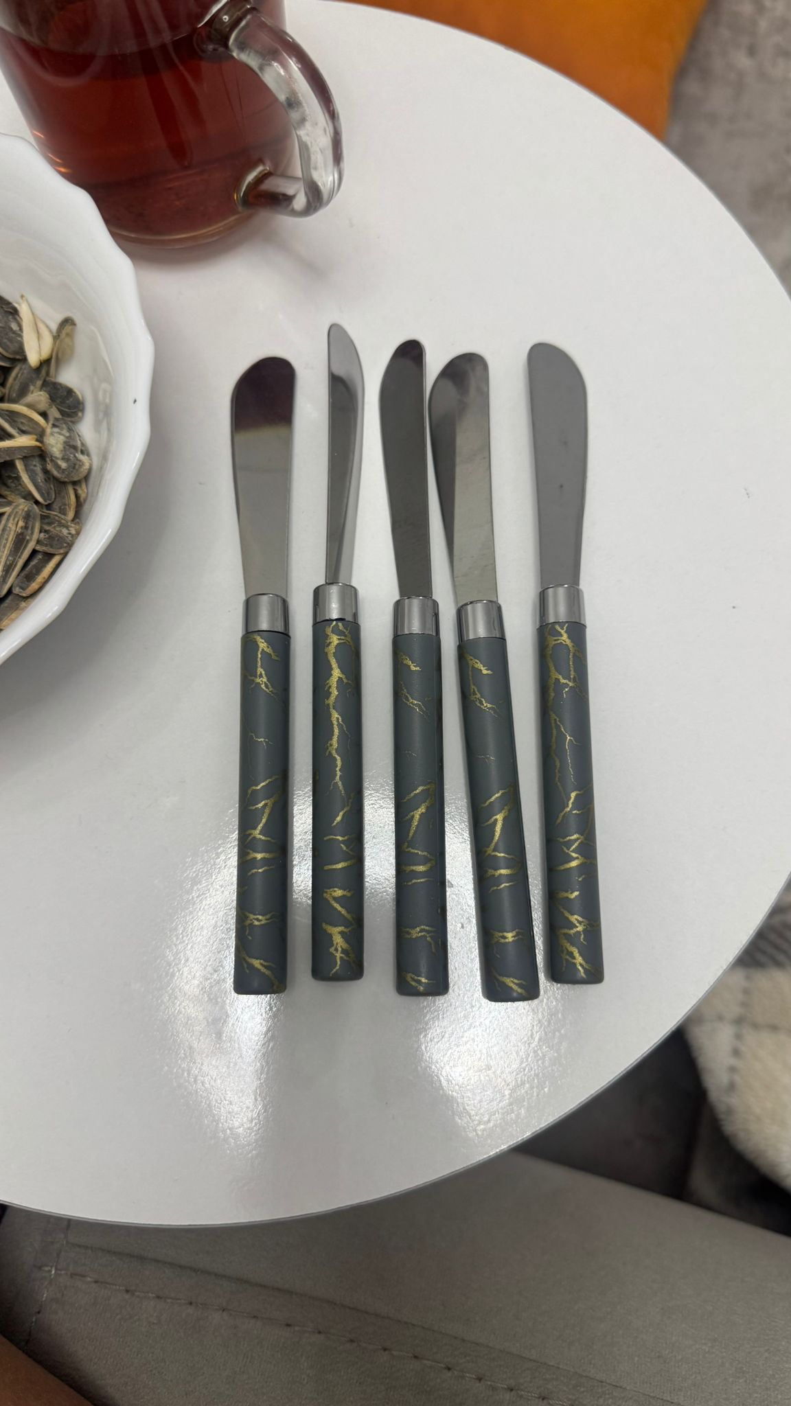 5 PARÇA UZUN KAHVALTI BIÇAK - GRİ MERMER DESEN SAPLI 16.5 cm (5347)