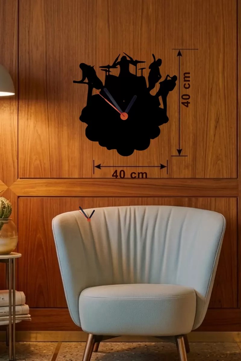 Mey İthalat® Rock Band ve Müzik Temalı Ahşap Duvar Saati - 40x40 cm Lazer Kesim