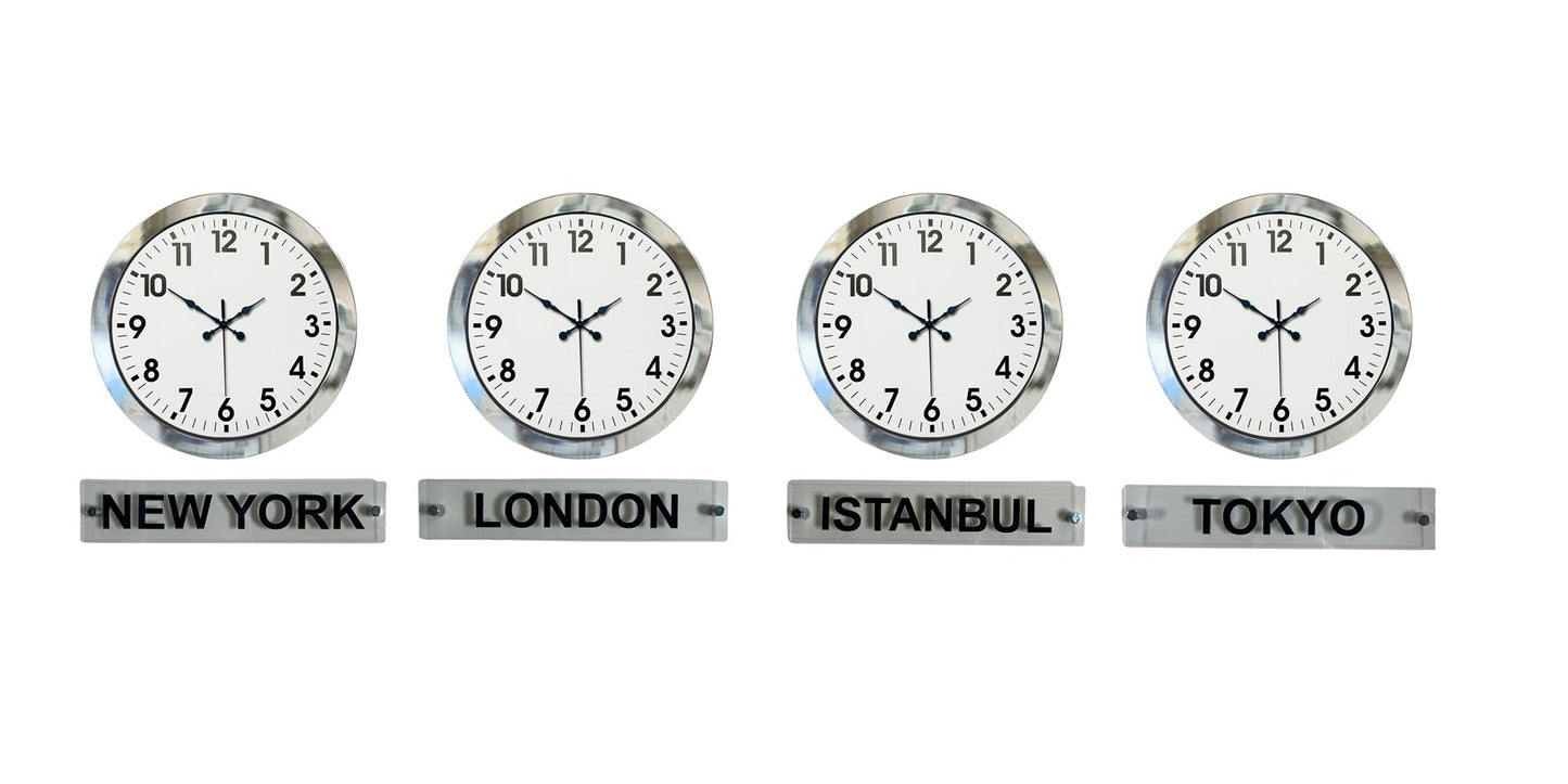 SilverLine 4 lü 36 Cm Krom Metal Tabelalı Dünya Saat Seti