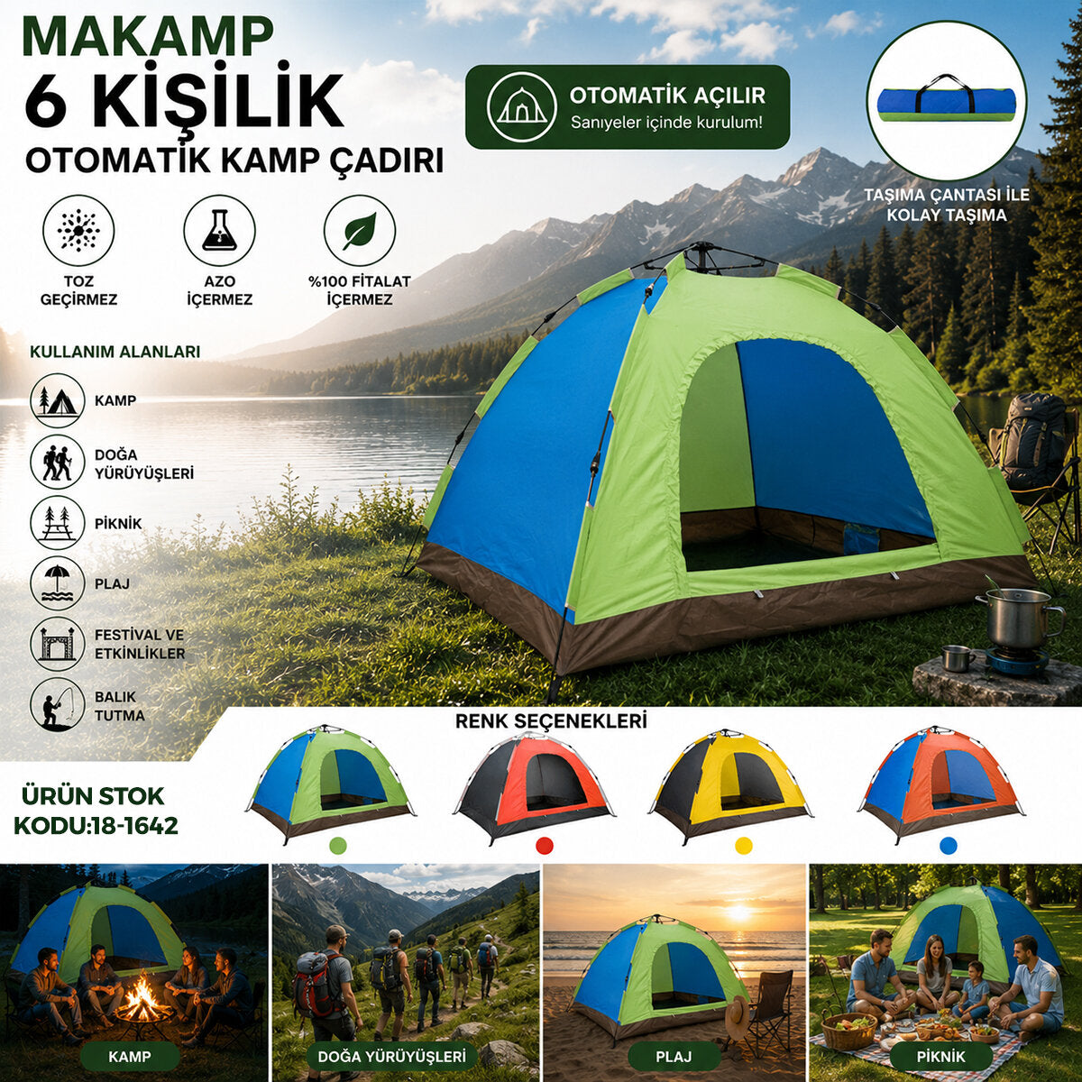 6 KİŞİLİK TOZ GEÇİRMEZ 220CMX250CMX165CM OTOMATİK KAMP ÇADIR HERHANGİ BİR RENK GÖNDERİLİR (5347)