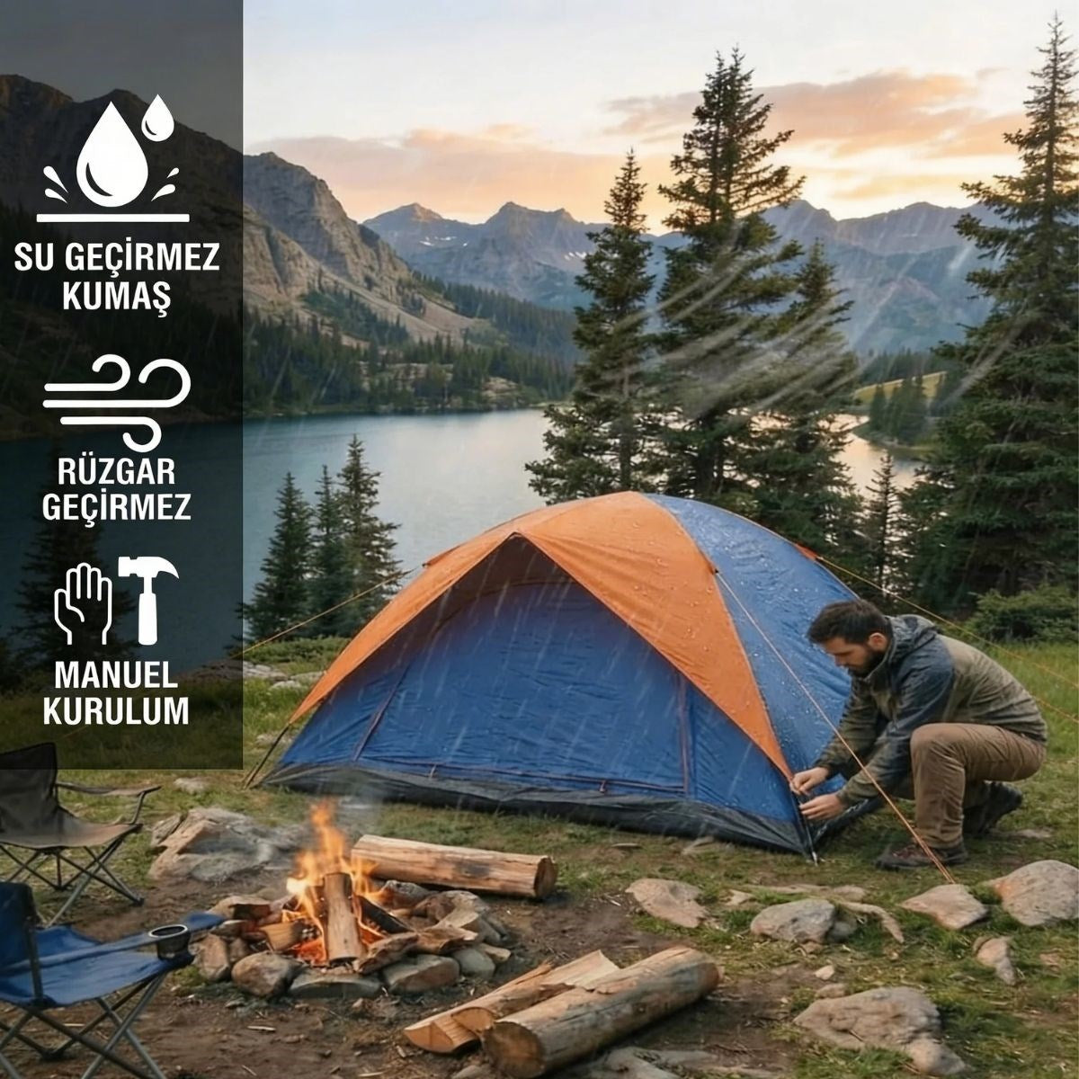 Starixa® 4 Kişilik Manuel Kurulum Gölgelikli Kamp Çadırı - Aile, Doğa, Piknik ve Outdoor 200x200x135 cm