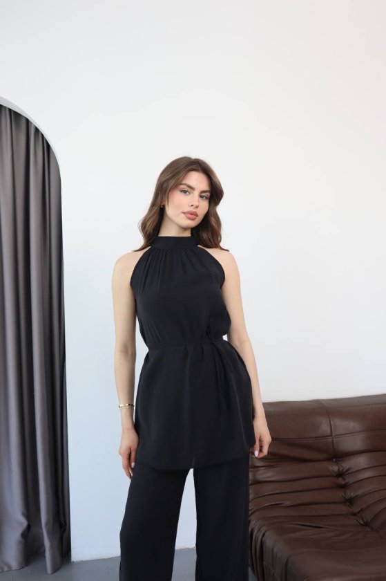 Kadın Halter Yaka Beli Kuşak Detaylı Ikili Takım