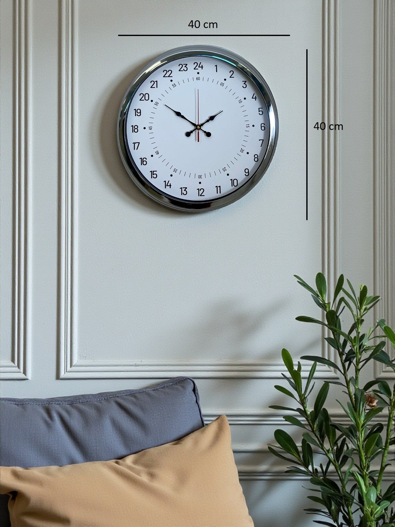 Krom 40 Cm Metal 24 Saat Göstergeli Özel Tasarım Duvar Saati