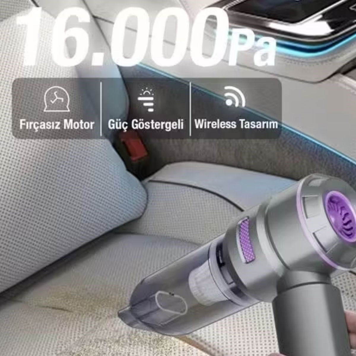 9 Farklı Uçlu Kablosuz Şarjlı Araç İçi Süpürge - Wireless Destekli, Güçlü Emiş, Taşınabilir Pratik Araç Temizleyici (5347)