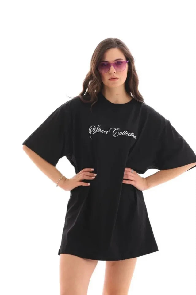 Baskılı T-Shirt Kısa Kol Bisiklet Yaka Regular Rahat Kalıp Günlük Tişört - Siyah