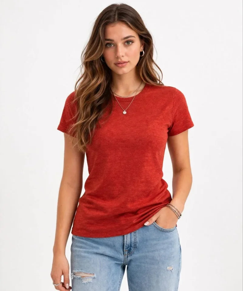 Flam Kumaş Melanj Dokulu Regular Fit Tişört Bisiklet Yaka Yazlık T-Shirt - Kiremit
