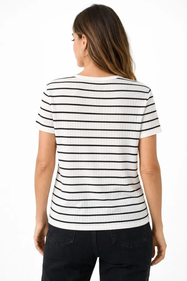 Çizgili Yazlık Triko T-Shirt Bisiklet Yaka Rahat Kalıp Tişört - Beyaz