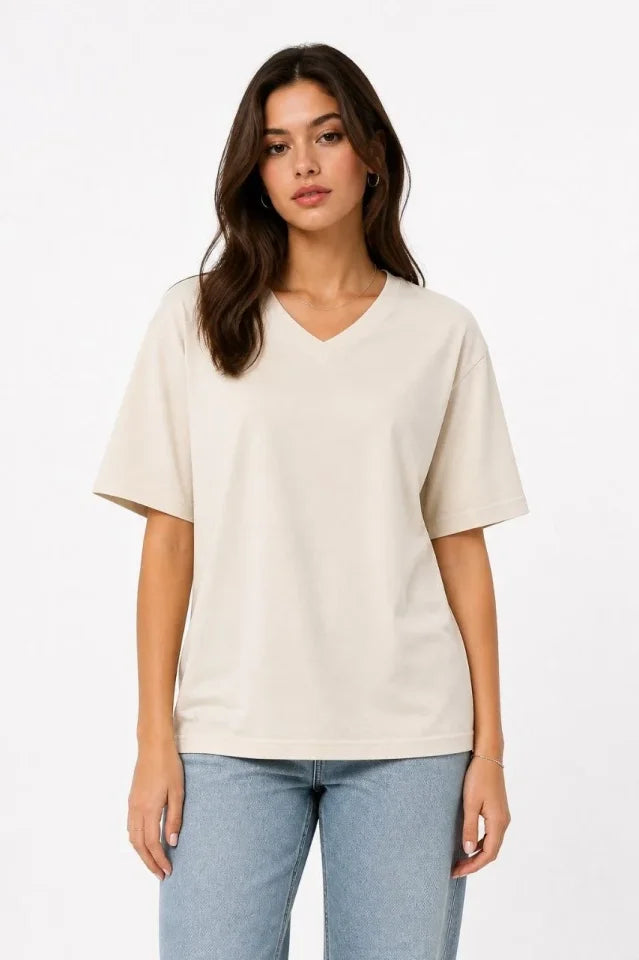 V Yaka Basic Tişört Kısa Kol Yazlık Regular Fit T-Shirt - Bej