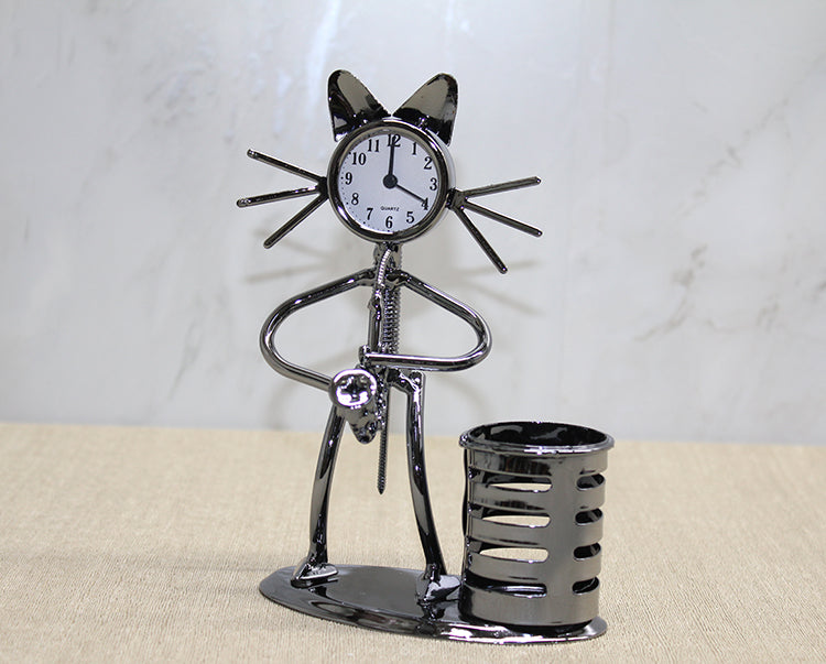 Cat Musician Playing Metal Saxophone Clock and Pen Holder
