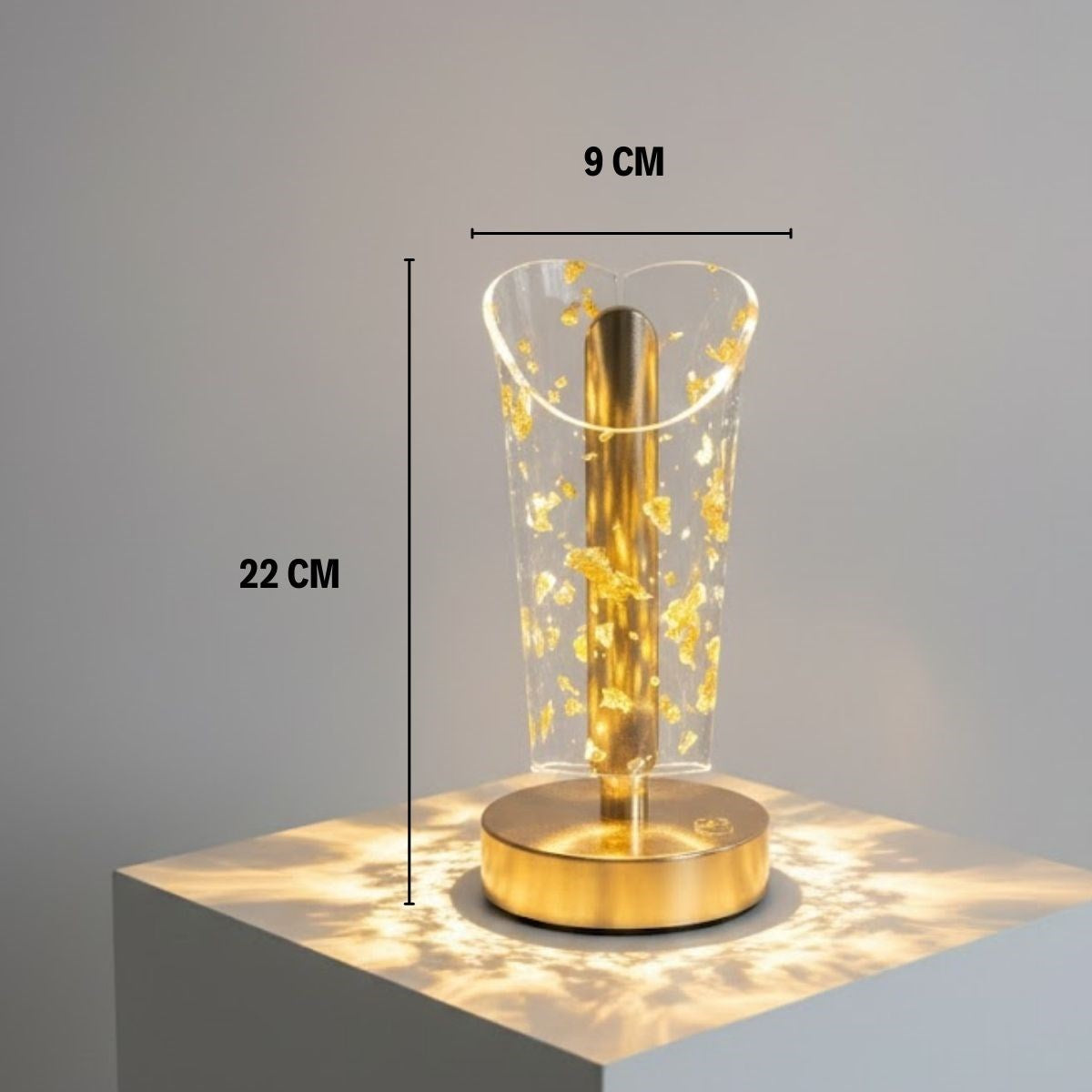Açık Silindirik Kristal Altın Toz Model LED Masa Lambası - Gold Tabanlı, Dokunmatik, 3 Renk Işık Modlu, Şarjlı Modern Dekoratif Gece Lambası (5347)