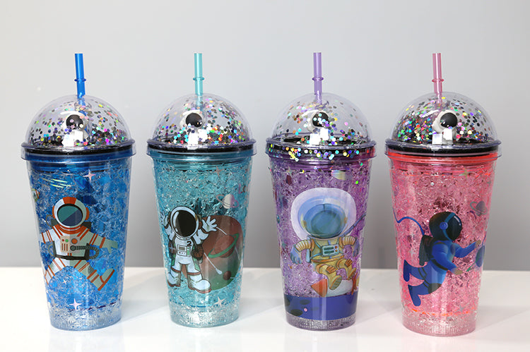 Cute Astronaut Straw Sequin Light-Up Water Bottle 400 ml