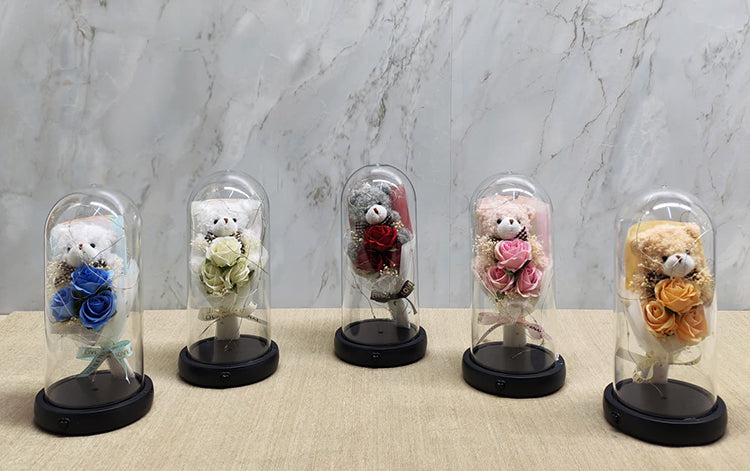 Rose Bouquet with Cute Teddy Bear in a Light-Up Musical Dome