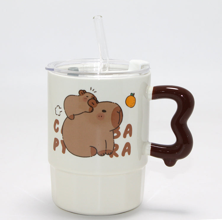 Porcelain Mug with Lid and Cute Capybara Figure