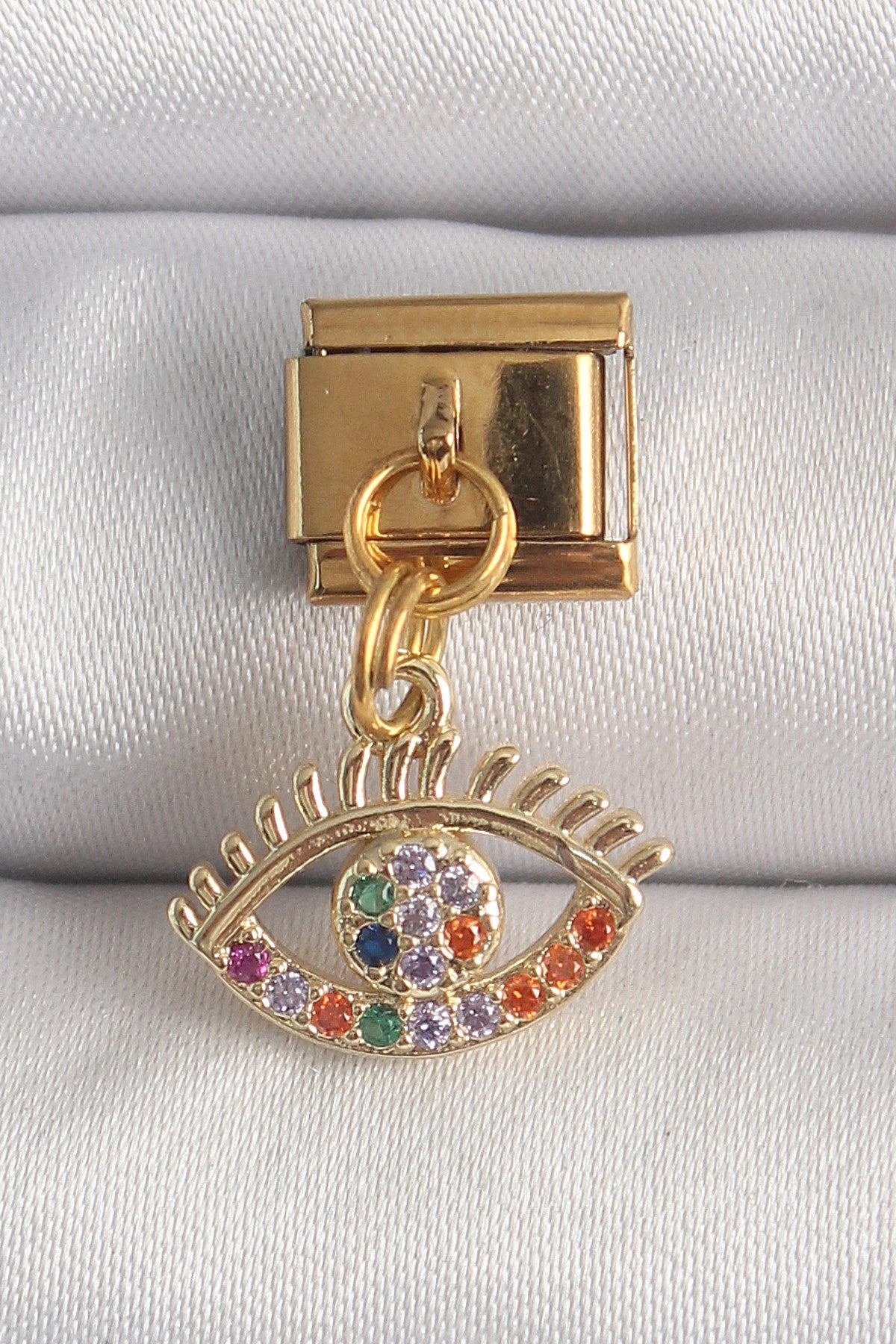 Mey İthalat® 316L Çelik Gold Renk Sallantı Renkli Zirkon Taşlı Göz Model Nomination Charm