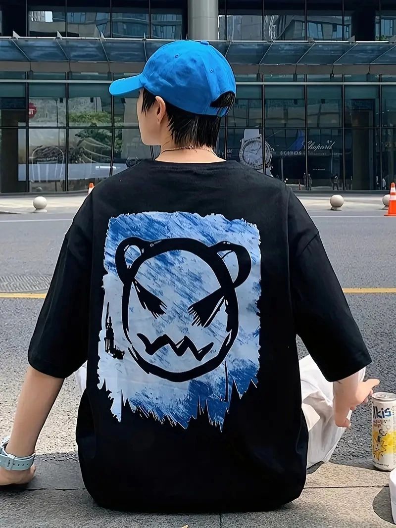 20/1 Combed Cotton Bike Collar Korean Style Cute Bear Print Short Sleeve Men's T-shirt - Black