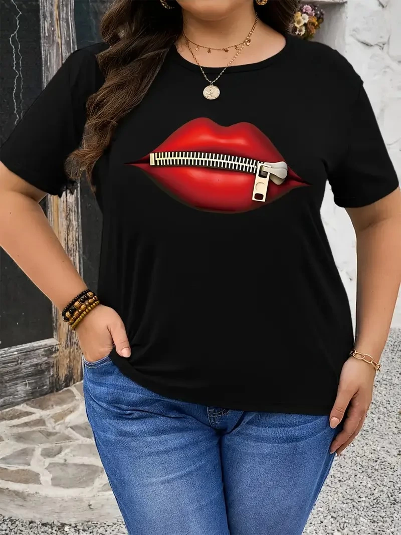 zipper lips print t-shirt crew neck short sleeve t-shirt - Black