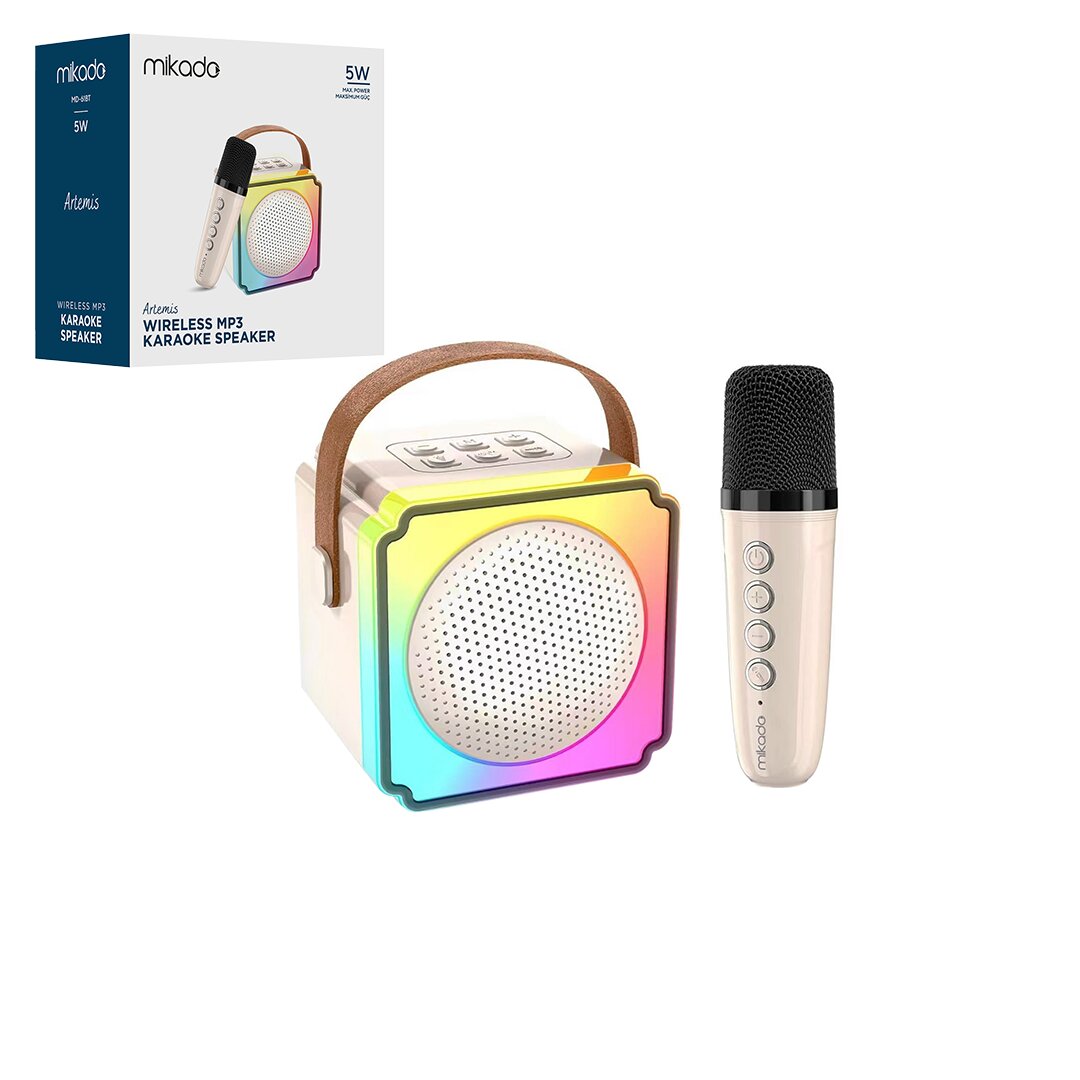 BEYAZ KARAOKE MİKROFONLU WİRELESS HOPARLÖR - SPEAKER IŞIKLI USB ŞARJLI BT - TF CARD - AUX 5W (5347)
