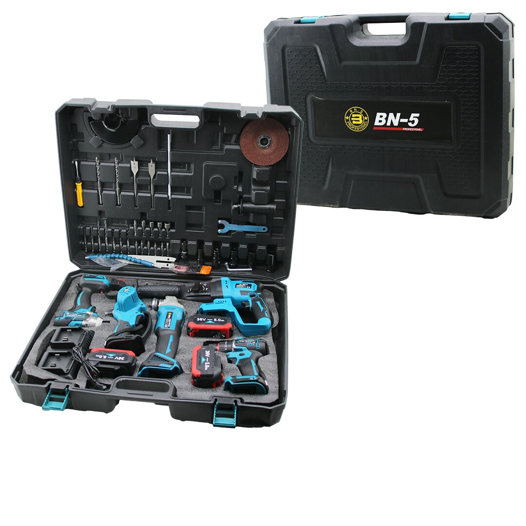BN-5 5PCS USTA ELEKTRİKLİ ALET SETİ ŞARJLI=36V -5.0Ah MATKAP - HİLTİ - TAŞLAMA - SOMUN SÖKME - DAL BUDAMA TESTERE PLASTİK ÇANTALI (5347)