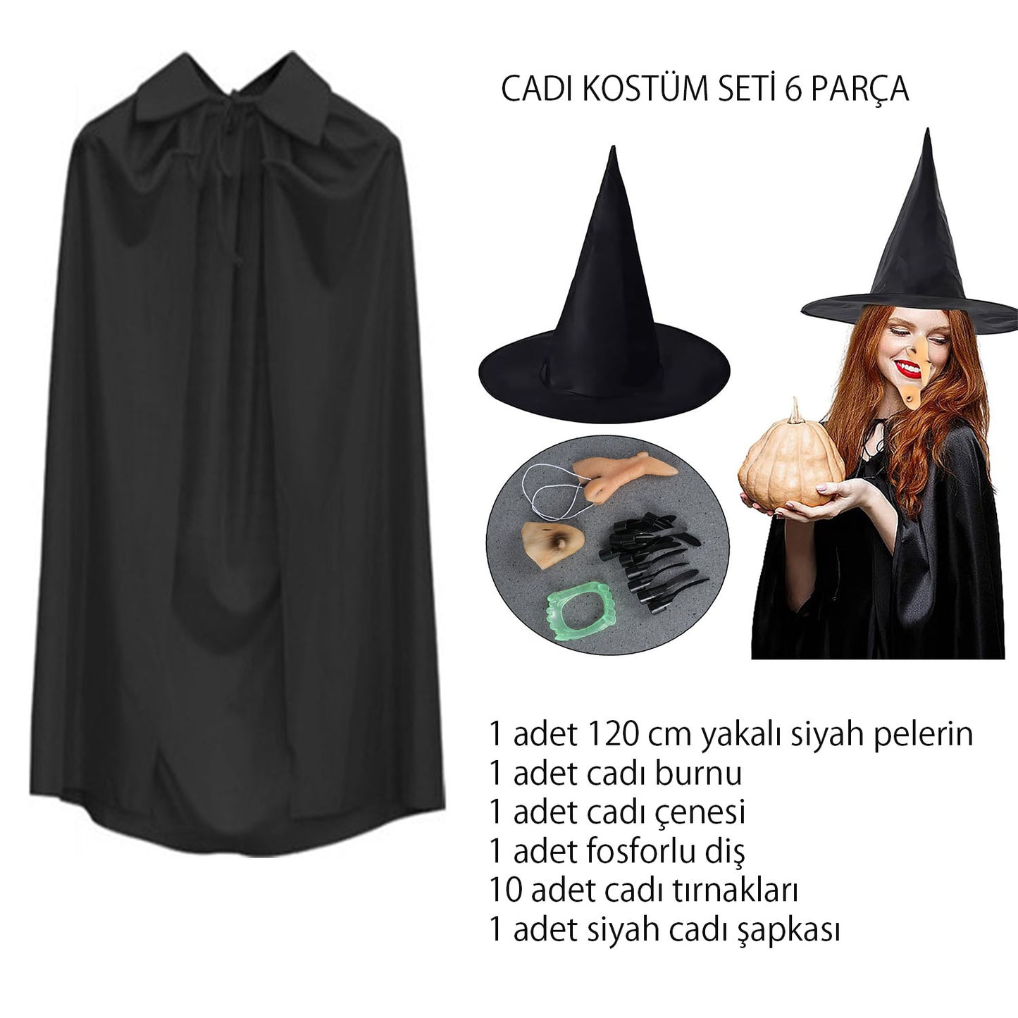 Cadı Kostüm Seti 6 Parça - Şapka Pelerin Diş Tırnaklar Çene ve Burun (5347)