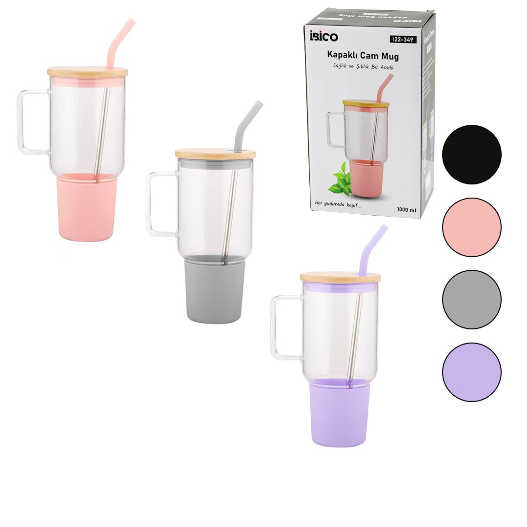 CAM 1000ML MATARA - SULUK BAMBU KAPAK - SIZDIRMAZ SİLİKONLU ÇELİK PİPET KORUYUCU SİLİKON ALTLIK - KILIF (5347)