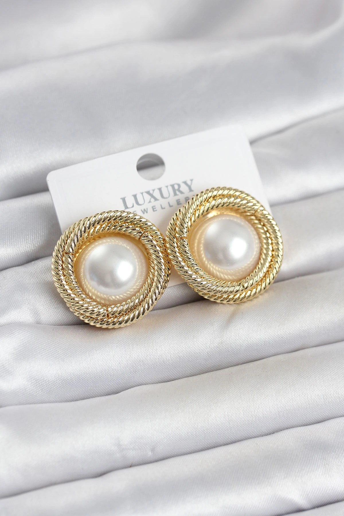 Mey İthalat® Pirinç Gold Renk Sarmal Model İncili Kadın Küpe