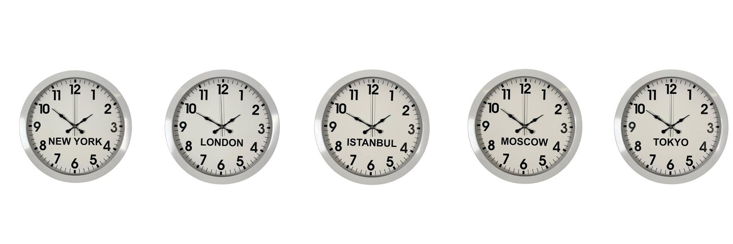 Beyaz Premium Tasarım 36 cm Metal Dünya Saatleri 5 li Set